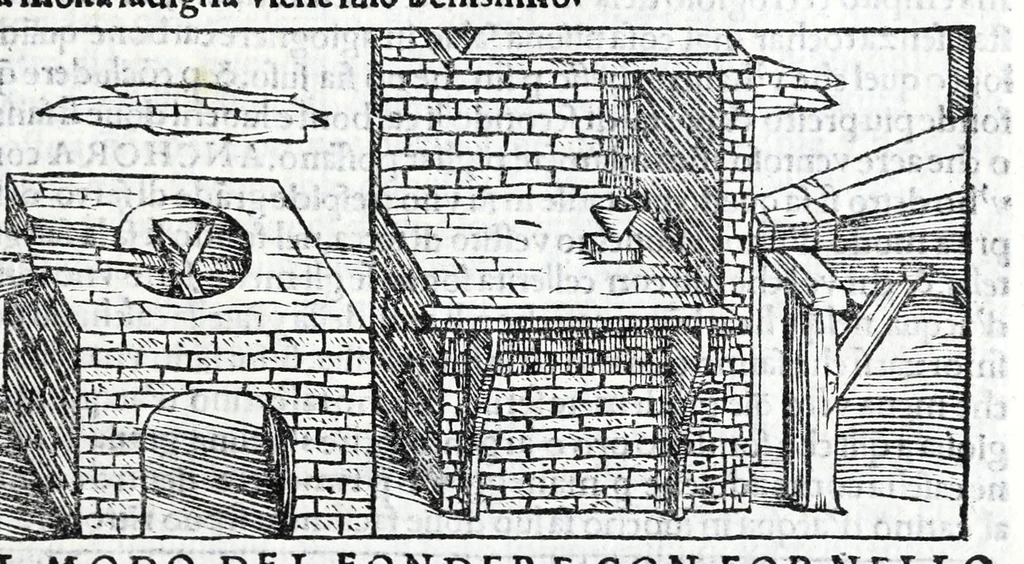 An illustration from De la pirotechnia libri X. : dove ampiamente si tratta non solo di ogni sorte & diuersita di miniere, ma anchora quanto si ricerca intorno à la prattica di quelle cose, di quel che si appartiene à l'arte de la fusione, ouer gitto de metalli, come d'ogni altra cosa simile à questa, 1540, leaf 241