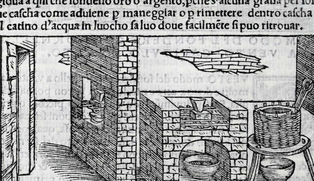 An illustration from De la pirotechnia libri X. : dove ampiamente si tratta non solo di ogni sorte & diuersita di miniere, ma anchora quanto si ricerca intorno à la prattica di quelle cose, di quel che si appartiene à l'arte de la fusione, ouer gitto de metalli, come d'ogni altra cosa simile à questa, 1540, leaf 242