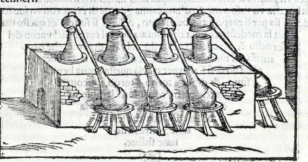 An illustration from De la pirotechnia libri X. : dove ampiamente si tratta non solo di ogni sorte & diuersita di miniere, ma anchora quanto si ricerca intorno à la prattica di quelle cose, di quel che si appartiene à l'arte de la fusione, ouer gitto de metalli, come d'ogni altra cosa simile à questa, 1540, leaf 283