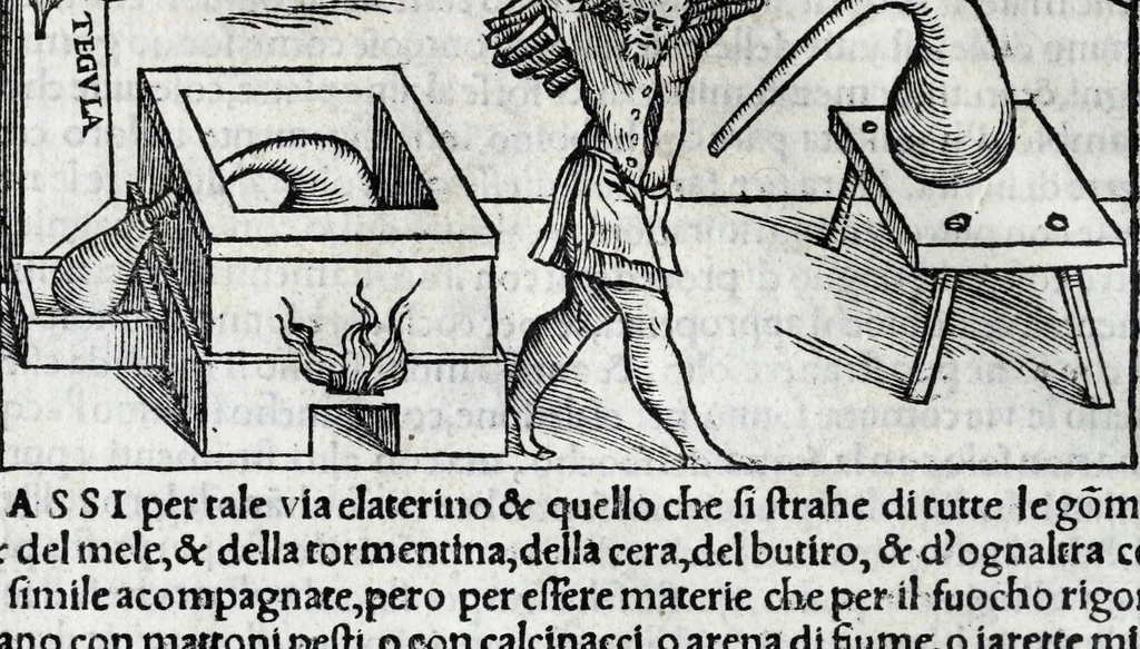 An illustration from De la pirotechnia libri X. : dove ampiamente si tratta non solo di ogni sorte & diuersita di miniere, ma anchora quanto si ricerca intorno à la prattica di quelle cose, di quel che si appartiene à l'arte de la fusione, ouer gitto de metalli, come d'ogni altra cosa simile à questa, 1540, leaf 290
