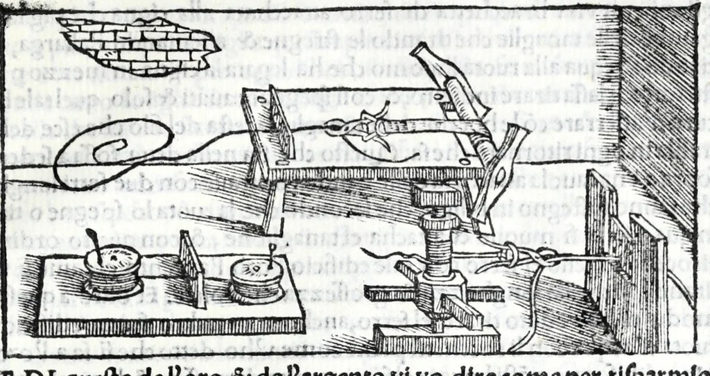 An illustration from De la pirotechnia libri X. : dove ampiamente si tratta non solo di ogni sorte & diuersita di miniere, ma anchora quanto si ricerca intorno à la prattica di quelle cose, di quel che si appartiene à l'arte de la fusione, ouer gitto de metalli, come d'ogni altra cosa simile à questa, 1540, leaf 311