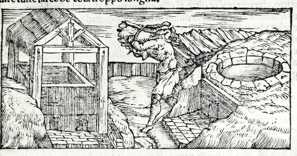 An illustration from De la pirotechnia libri X. : dove ampiamente si tratta non solo di ogni sorte & diuersita di miniere, ma anchora quanto si ricerca intorno à la prattica di quelle cose, di quel che si appartiene à l'arte de la fusione, ouer gitto de metalli, come d'ogni altra cosa simile à questa, 1540, leaf 331