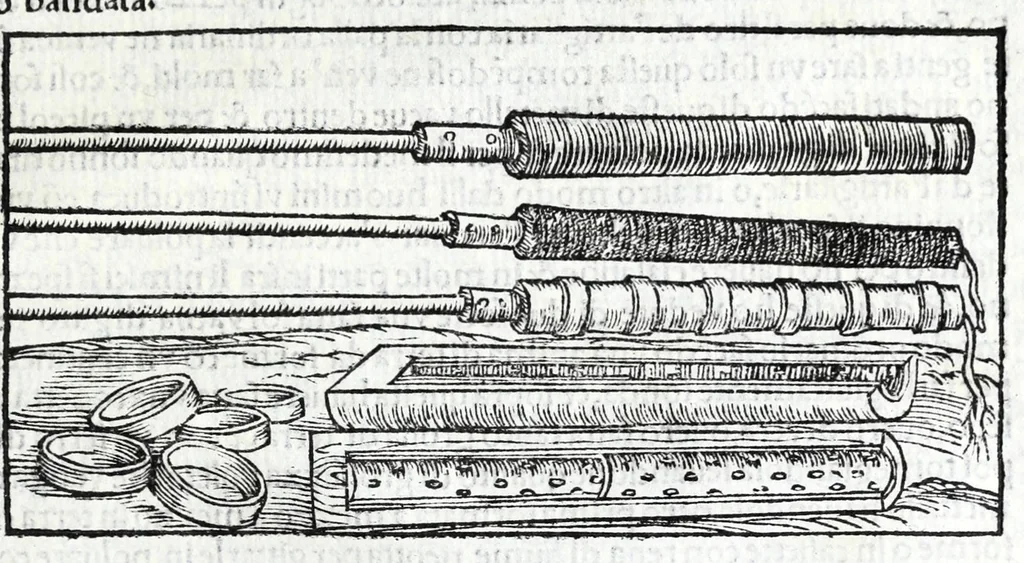 An illustration from De la pirotechnia libri X. : dove ampiamente si tratta non solo di ogni sorte & diuersita di miniere, ma anchora quanto si ricerca intorno à la prattica di quelle cose, di quel che si appartiene à l'arte de la fusione, ouer gitto de metalli, come d'ogni altra cosa simile à questa, 1540, leaf 353