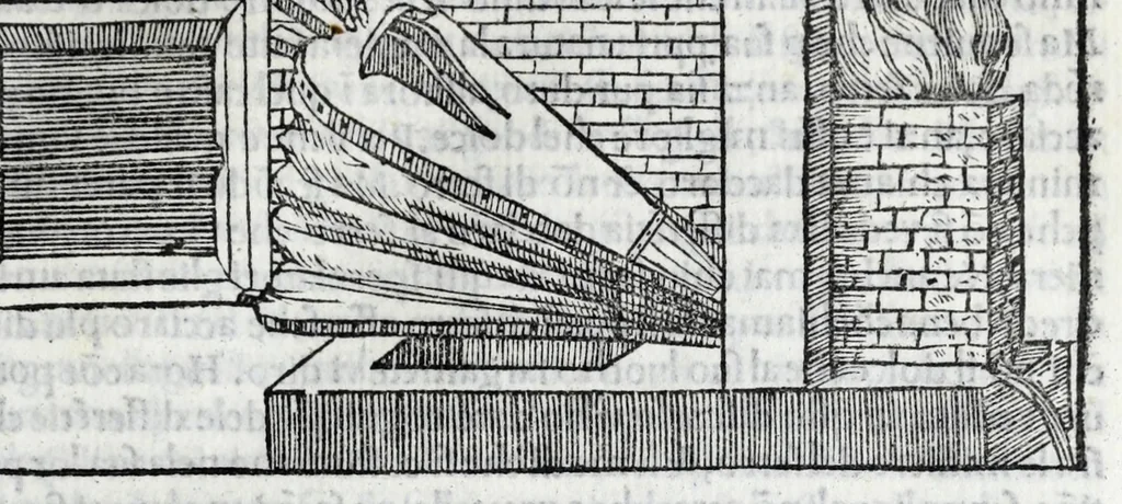 An illustration from De la pirotechnia libri X. : dove ampiamente si tratta non solo di ogni sorte & diuersita di miniere, ma anchora quanto si ricerca intorno à la prattica di quelle cose, di quel che si appartiene à l'arte de la fusione, ouer gitto de metalli, come d'ogni altra cosa simile à questa, 1540, leaf 57