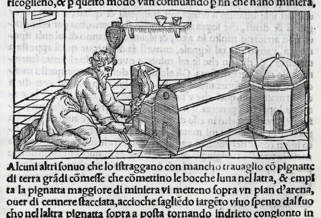 An illustration from De la pirotechnia libri X. : dove ampiamente si tratta non solo di ogni sorte & diuersita di miniere, ma anchora quanto si ricerca intorno à la prattica di quelle cose, di quel che si appartiene à l'arte de la fusione, ouer gitto de metalli, come d'ogni altra cosa simile à questa, 1540, leaf 72