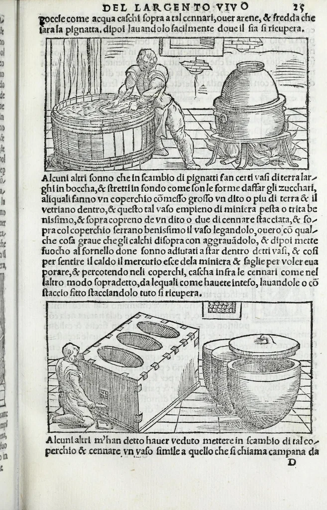An illustration from De la pirotechnia libri X. : dove ampiamente si tratta non solo di ogni sorte & diuersita di miniere, ma anchora quanto si ricerca intorno à la prattica di quelle cose, di quel che si appartiene à l'arte de la fusione, ouer gitto de metalli, come d'ogni altra cosa simile à questa, 1540, leaf 73