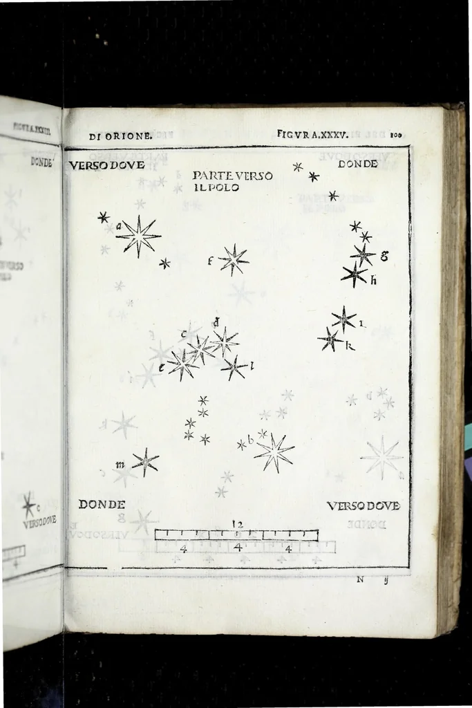 An illustration from De la sfera del mondo. Libri qvattro in lingva toscana: iqvali non per via di traduttione, nè à qual si voglia particolare scrittore obligati: ma parte da i migliori raccogliendo; e parte di nuouo producendo; contengano in se tutto quel ch'intorno à tal materia si possa desiderare; ridotti à tãta ageuolezza, & à cosi facil modo di dimostrare che qual si voglia poco essercitato negli studij di matemmatica potrà ageuolissimamente & con prestezza intenderne il tutto. De le stelle fisse. Libro vno con le sve figvre, e con le sve tauole: doue cõ marauigliosa ageuolezza potrà ciascheduno conoscere qualunque stella dele XLVIII immagini del cielo stellato, e le fauole loro integramente: & sapere in ogni tempo del'anno, à qual si voglia hora di notte, in che parte del cielo si truovino, non solo le dette immagini, ma qualunq[ue] stella di quelle, 1540, leaf 229