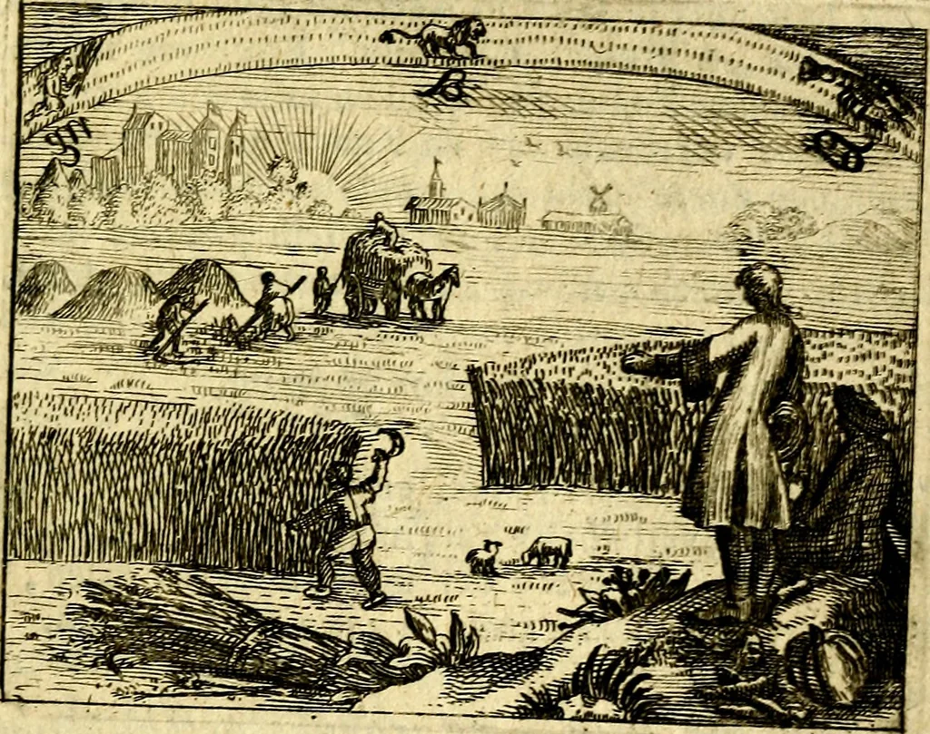An illustration from De leermeester der zeden, vertoond in Horatius zinnebeelden, lierzangen, enz., Lof van 't landleven, en Bespiegeling op 't leven der menschen, verbeeld in de vier getyden des jaars. Met veele uitmuntende verzen vermeerderd, 1781, leaf 196