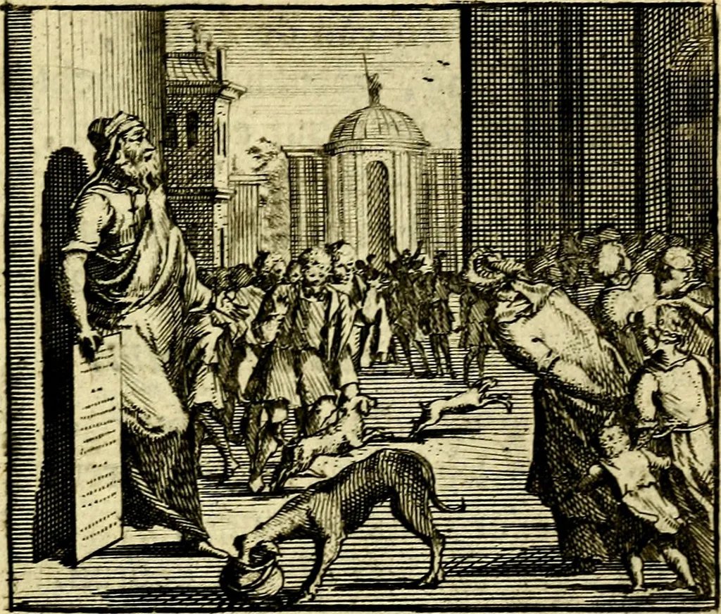 An illustration from De leermeester der zeden, vertoond in Horatius zinnebeelden, lierzangen, enz., Lof van 't landleven, en Bespiegeling op 't leven der menschen, verbeeld in de vier getyden des jaars. Met veele uitmuntende verzen vermeerderd, 1781, leaf 24