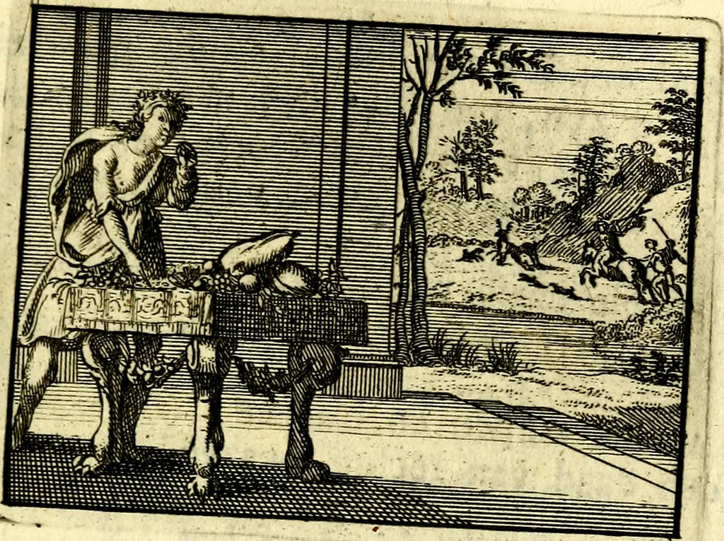 An illustration from De leermeester der zeden, vertoond in Horatius zinnebeelden, lierzangen, enz., Lof van 't landleven, en Bespiegeling op 't leven der menschen, verbeeld in de vier getyden des jaars. Met veele uitmuntende verzen vermeerderd, 1781, leaf 338