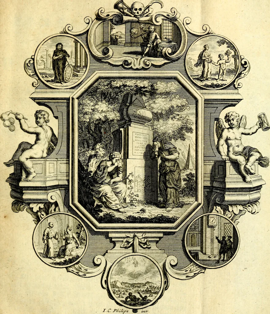 An illustration from De leermeester der zeden, vertoond in Horatius zinnebeelden, lierzangen, enz., Lof van 't landleven, en Bespiegeling op 't leven der menschen, verbeeld in de vier getyden des jaars. Met veele uitmuntende verzen vermeerderd, 1781, leaf 366