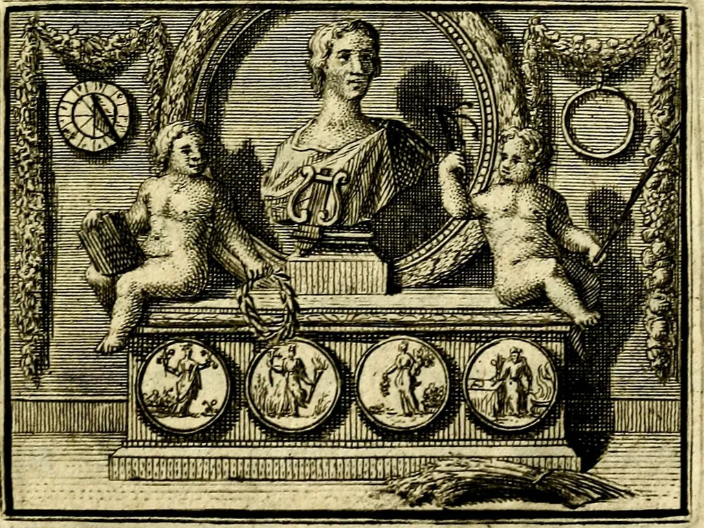 An illustration from De leermeester der zeden, vertoond in Horatius zinnebeelden, lierzangen, enz., Lof van 't landleven, en Bespiegeling op 't leven der menschen, verbeeld in de vier getyden des jaars. Met veele uitmuntende verzen vermeerderd, 1781, leaf 4