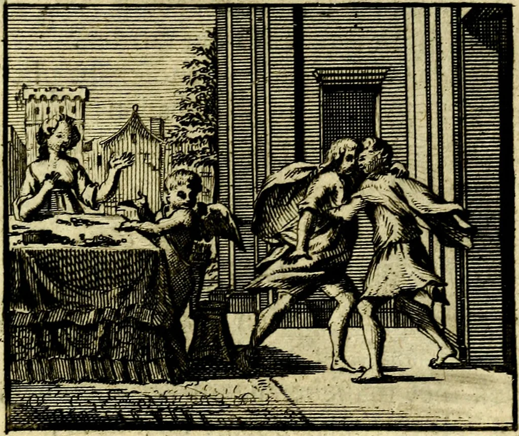 An illustration from De leermeester der zeden, vertoond in Horatius zinnebeelden, lierzangen, enz., Lof van 't landleven, en Bespiegeling op 't leven der menschen, verbeeld in de vier getyden des jaars. Met veele uitmuntende verzen vermeerderd, 1781, leaf 44