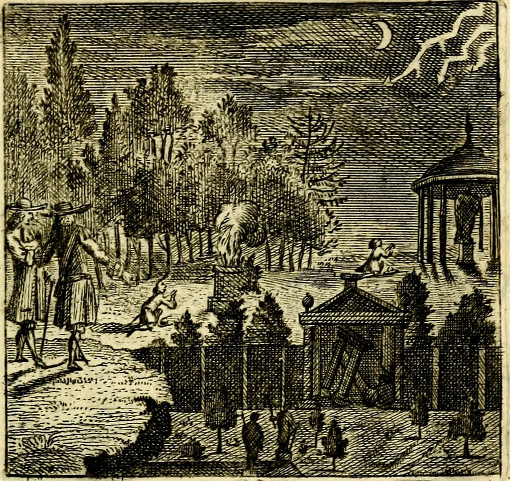 An illustration from De leermeester der zeden, vertoond in Horatius zinnebeelden, lierzangen, enz., Lof van 't landleven, en Bespiegeling op 't leven der menschen, verbeeld in de vier getyden des jaars. Met veele uitmuntende verzen vermeerderd, 1781, leaf 54