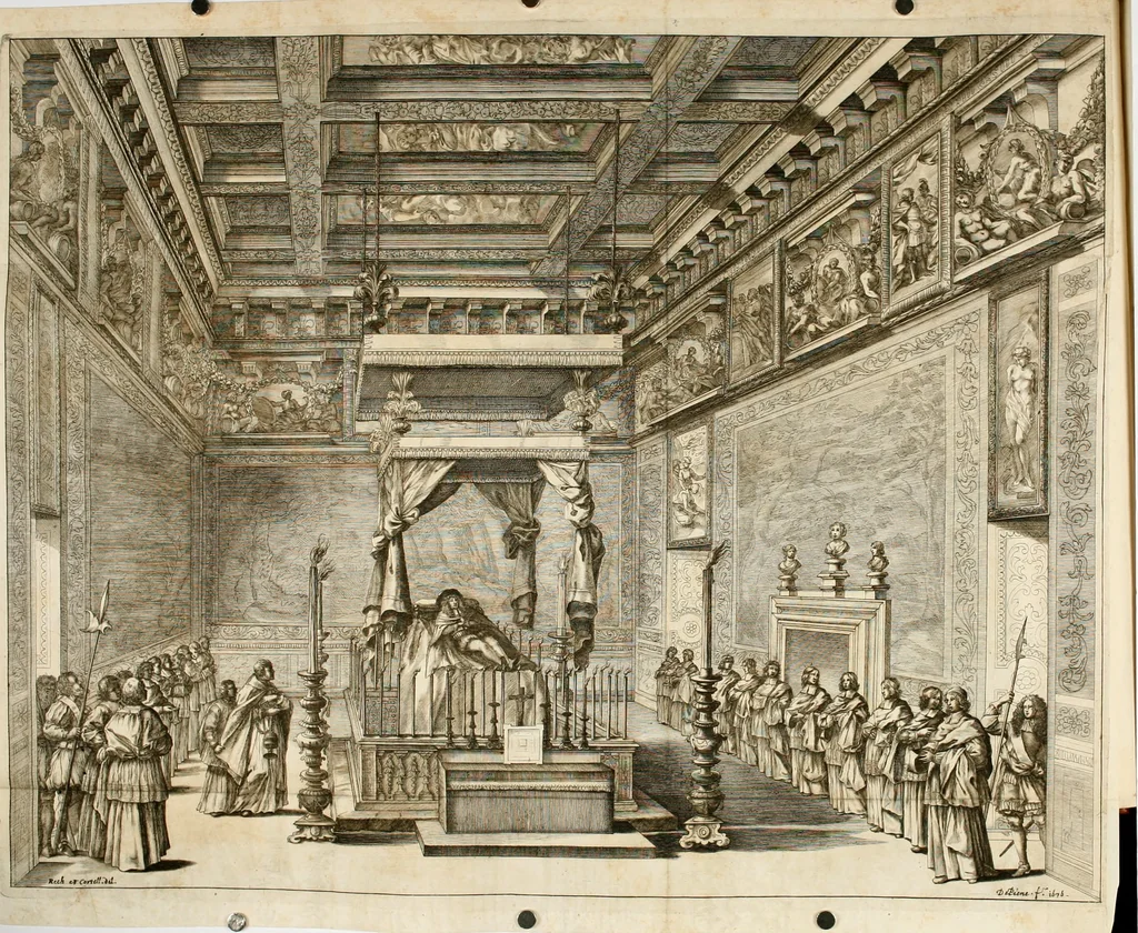 An illustration from Del funerale celebrato nel duomo di Torino all' Altezza Reale di Carlo Emanuele II, duca di Sauoia ... : da madama reale Maria Giovanna Battista di Sauoia, madre e tutrice dell' Altezza Reale di Vittorio Amadeo II, e reggente de' suoi stati, 1676, leaf 20