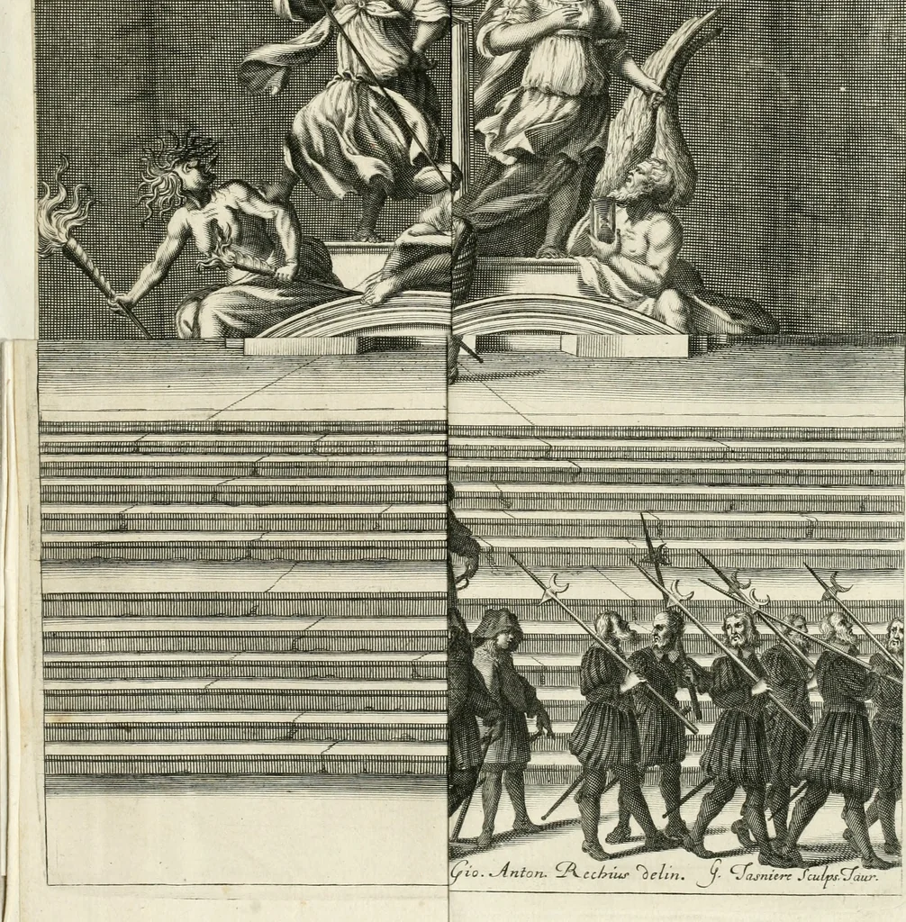 An illustration from Del funerale celebrato nel duomo di Torino all' Altezza Reale di Carlo Emanuele II, duca di Sauoia ... : da madama reale Maria Giovanna Battista di Sauoia, madre e tutrice dell' Altezza Reale di Vittorio Amadeo II, e reggente de' suoi stati, 1676, leaf 32