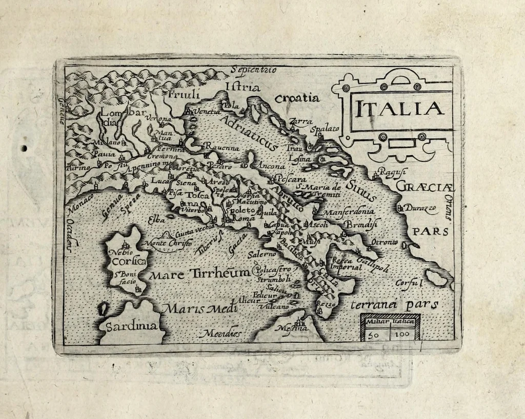 An illustration from Deliciae Italiae et index viatorius : indicans itinera ab vrbe Roma ad omnes in Italia, aliquas quoque extra Italiam civitates et oppida : quorum indicantur deliciae, sive quid in eorum singulis delicati, rari visuque digni sit : nempe templa ob structuram magnifica, delubra ob artem spectanda, palatia aedificiaque ob amplitudinem praeclara, picturae excellentium artificium, statuae eleganter sculptae, quicquid praeterea vbique in Italia, vel antiquitate rarum vel arte praeclarum est ... : huic libello visum fuit addere tabellas geographicas Italiae aliquarumque circa ipsam insularum ..., 1603, leaf 179