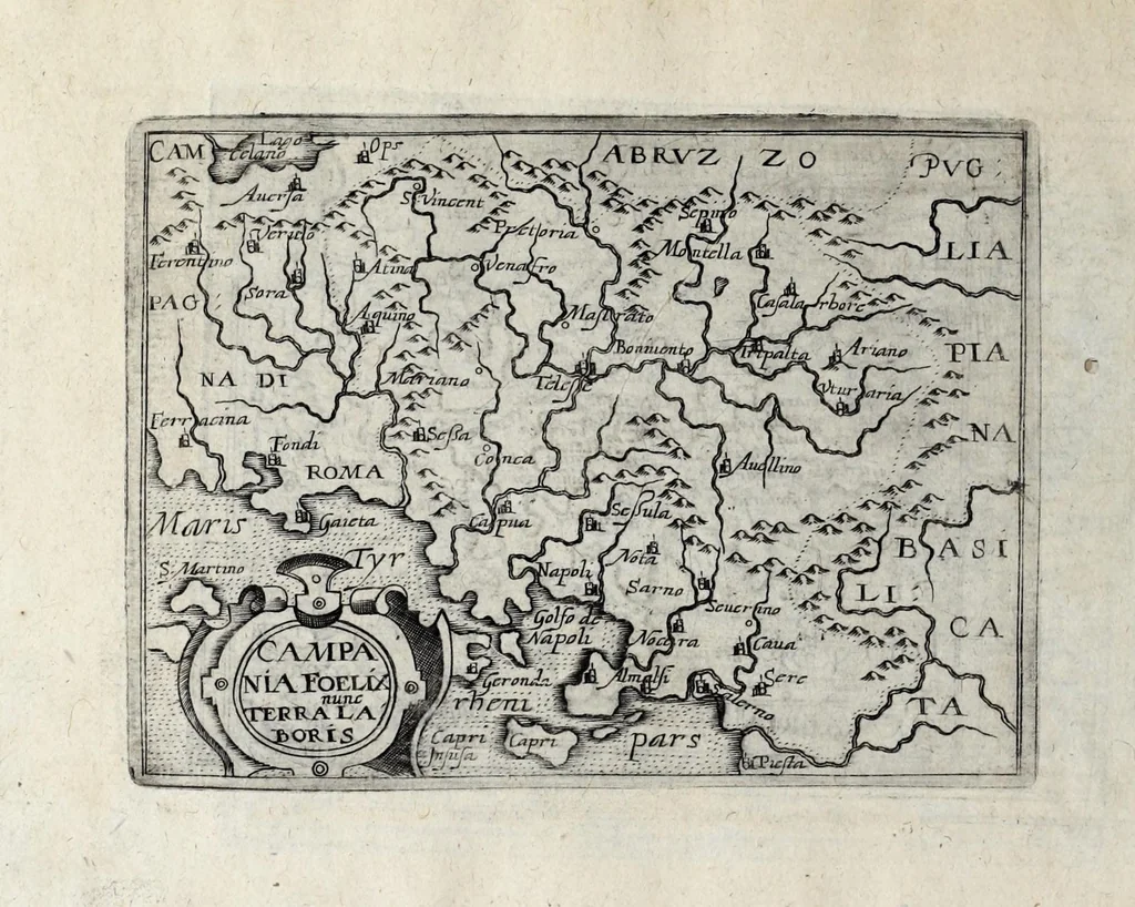 An illustration from Deliciae Italiae et index viatorius : indicans itinera ab vrbe Roma ad omnes in Italia, aliquas quoque extra Italiam civitates et oppida : quorum indicantur deliciae, sive quid in eorum singulis delicati, rari visuque digni sit : nempe templa ob structuram magnifica, delubra ob artem spectanda, palatia aedificiaque ob amplitudinem praeclara, picturae excellentium artificium, statuae eleganter sculptae, quicquid praeterea vbique in Italia, vel antiquitate rarum vel arte praeclarum est ... : huic libello visum fuit addere tabellas geographicas Italiae aliquarumque circa ipsam insularum ..., 1603, leaf 182