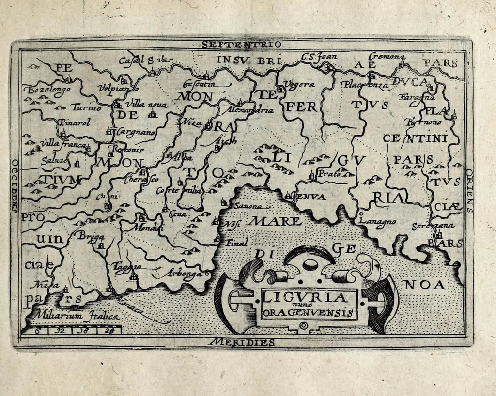 An illustration from Deliciae Italiae et index viatorius : indicans itinera ab vrbe Roma ad omnes in Italia, aliquas quoque extra Italiam civitates et oppida : quorum indicantur deliciae, sive quid in eorum singulis delicati, rari visuque digni sit : nempe templa ob structuram magnifica, delubra ob artem spectanda, palatia aedificiaque ob amplitudinem praeclara, picturae excellentium artificium, statuae eleganter sculptae, quicquid praeterea vbique in Italia, vel antiquitate rarum vel arte praeclarum est ... : huic libello visum fuit addere tabellas geographicas Italiae aliquarumque circa ipsam insularum ..., 1603, leaf 183