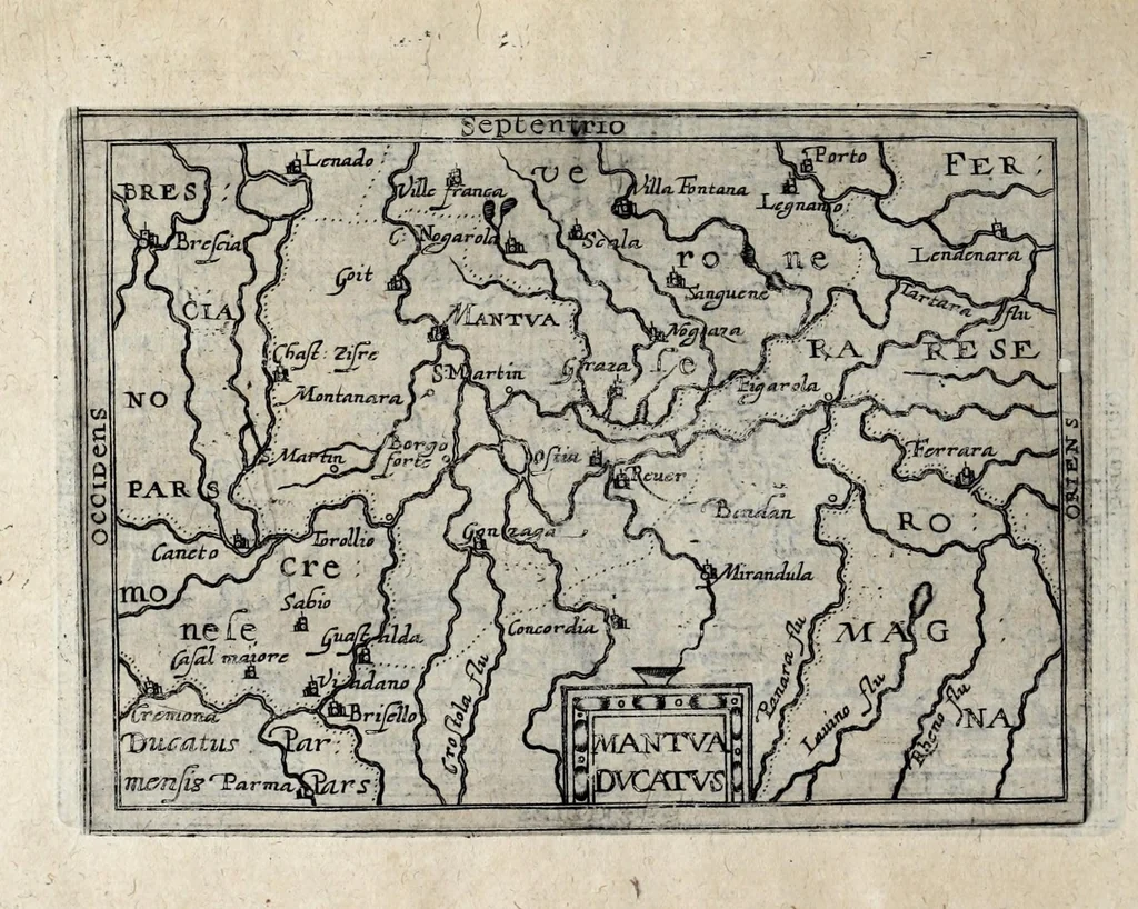 An illustration from Deliciae Italiae et index viatorius : indicans itinera ab vrbe Roma ad omnes in Italia, aliquas quoque extra Italiam civitates et oppida : quorum indicantur deliciae, sive quid in eorum singulis delicati, rari visuque digni sit : nempe templa ob structuram magnifica, delubra ob artem spectanda, palatia aedificiaque ob amplitudinem praeclara, picturae excellentium artificium, statuae eleganter sculptae, quicquid praeterea vbique in Italia, vel antiquitate rarum vel arte praeclarum est ... : huic libello visum fuit addere tabellas geographicas Italiae aliquarumque circa ipsam insularum ..., 1603, leaf 184