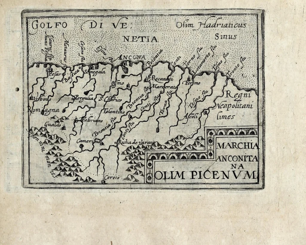 An illustration from Deliciae Italiae et index viatorius : indicans itinera ab vrbe Roma ad omnes in Italia, aliquas quoque extra Italiam civitates et oppida : quorum indicantur deliciae, sive quid in eorum singulis delicati, rari visuque digni sit : nempe templa ob structuram magnifica, delubra ob artem spectanda, palatia aedificiaque ob amplitudinem praeclara, picturae excellentium artificium, statuae eleganter sculptae, quicquid praeterea vbique in Italia, vel antiquitate rarum vel arte praeclarum est ... : huic libello visum fuit addere tabellas geographicas Italiae aliquarumque circa ipsam insularum ..., 1603, leaf 185