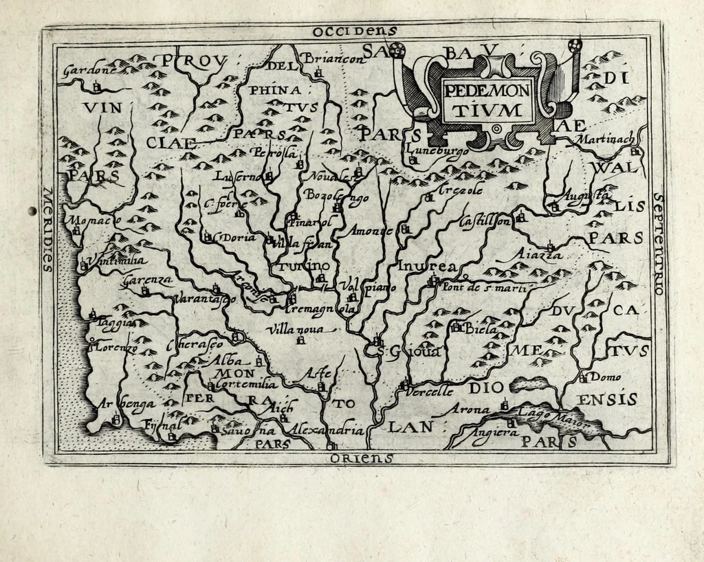 An illustration from Deliciae Italiae et index viatorius : indicans itinera ab vrbe Roma ad omnes in Italia, aliquas quoque extra Italiam civitates et oppida : quorum indicantur deliciae, sive quid in eorum singulis delicati, rari visuque digni sit : nempe templa ob structuram magnifica, delubra ob artem spectanda, palatia aedificiaque ob amplitudinem praeclara, picturae excellentium artificium, statuae eleganter sculptae, quicquid praeterea vbique in Italia, vel antiquitate rarum vel arte praeclarum est ... : huic libello visum fuit addere tabellas geographicas Italiae aliquarumque circa ipsam insularum ..., 1603, leaf 187