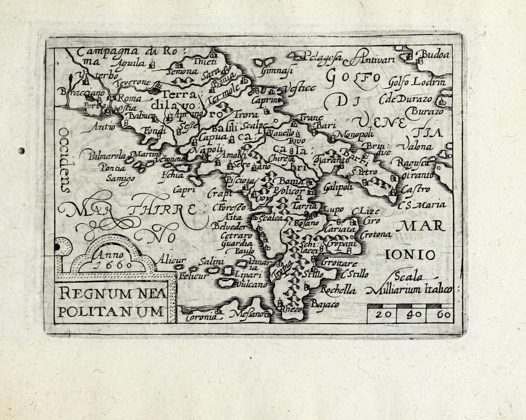 An illustration from Deliciae Italiae et index viatorius : indicans itinera ab vrbe Roma ad omnes in Italia, aliquas quoque extra Italiam civitates et oppida : quorum indicantur deliciae, sive quid in eorum singulis delicati, rari visuque digni sit : nempe templa ob structuram magnifica, delubra ob artem spectanda, palatia aedificiaque ob amplitudinem praeclara, picturae excellentium artificium, statuae eleganter sculptae, quicquid praeterea vbique in Italia, vel antiquitate rarum vel arte praeclarum est ... : huic libello visum fuit addere tabellas geographicas Italiae aliquarumque circa ipsam insularum ..., 1603, leaf 189