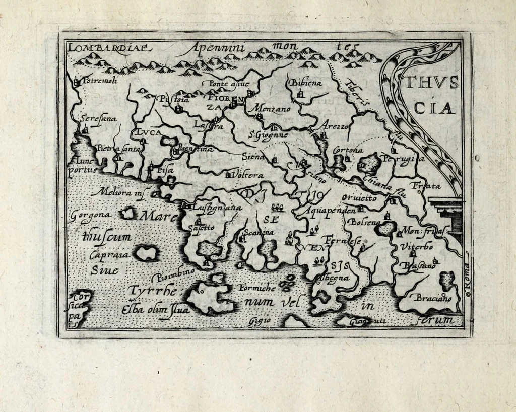 An illustration from Deliciae Italiae et index viatorius : indicans itinera ab vrbe Roma ad omnes in Italia, aliquas quoque extra Italiam civitates et oppida : quorum indicantur deliciae, sive quid in eorum singulis delicati, rari visuque digni sit : nempe templa ob structuram magnifica, delubra ob artem spectanda, palatia aedificiaque ob amplitudinem praeclara, picturae excellentium artificium, statuae eleganter sculptae, quicquid praeterea vbique in Italia, vel antiquitate rarum vel arte praeclarum est ... : huic libello visum fuit addere tabellas geographicas Italiae aliquarumque circa ipsam insularum ..., 1603, leaf 190