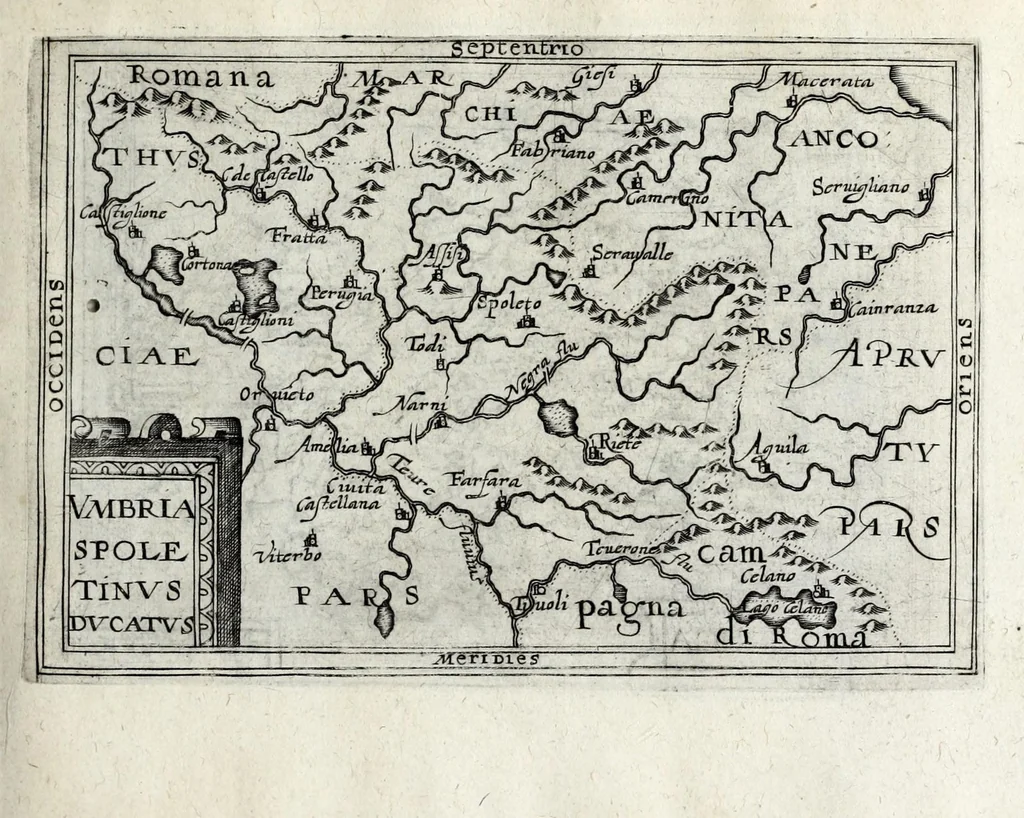 An illustration from Deliciae Italiae et index viatorius : indicans itinera ab vrbe Roma ad omnes in Italia, aliquas quoque extra Italiam civitates et oppida : quorum indicantur deliciae, sive quid in eorum singulis delicati, rari visuque digni sit : nempe templa ob structuram magnifica, delubra ob artem spectanda, palatia aedificiaque ob amplitudinem praeclara, picturae excellentium artificium, statuae eleganter sculptae, quicquid praeterea vbique in Italia, vel antiquitate rarum vel arte praeclarum est ... : huic libello visum fuit addere tabellas geographicas Italiae aliquarumque circa ipsam insularum ..., 1603, leaf 191