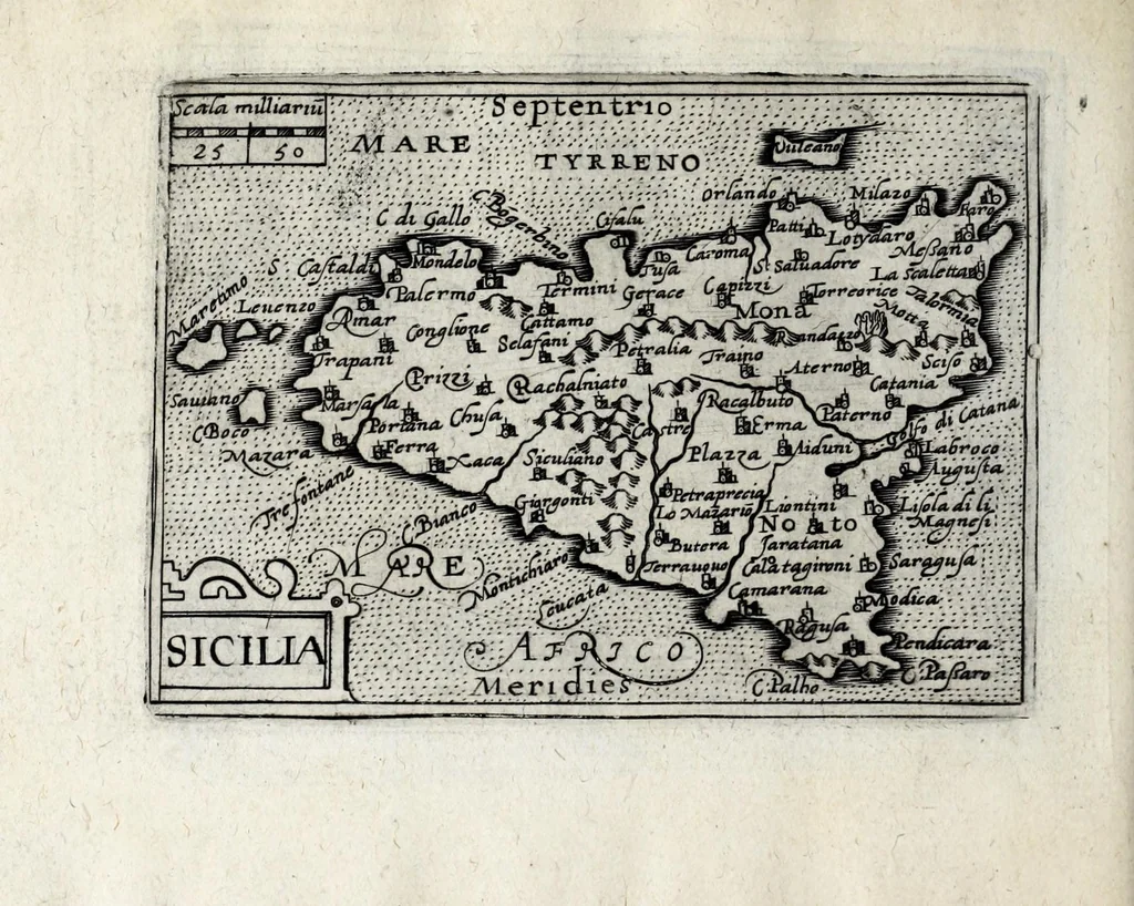 An illustration from Deliciae Italiae et index viatorius : indicans itinera ab vrbe Roma ad omnes in Italia, aliquas quoque extra Italiam civitates et oppida : quorum indicantur deliciae, sive quid in eorum singulis delicati, rari visuque digni sit : nempe templa ob structuram magnifica, delubra ob artem spectanda, palatia aedificiaque ob amplitudinem praeclara, picturae excellentium artificium, statuae eleganter sculptae, quicquid praeterea vbique in Italia, vel antiquitate rarum vel arte praeclarum est ... : huic libello visum fuit addere tabellas geographicas Italiae aliquarumque circa ipsam insularum ..., 1603, leaf 194