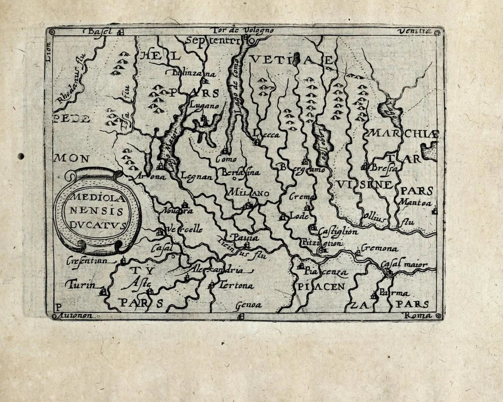 An illustration from Deliciae Italiae et index viatorius : indicans itinera ab vrbe Roma ad omnes in Italia, aliquas quoque extra Italiam civitates et oppida : quorum indicantur deliciae, sive quid in eorum singulis delicati, rari visuque digni sit : nempe templa ob structuram magnifica, delubra ob artem spectanda, palatia aedificiaque ob amplitudinem praeclara, picturae excellentium artificium, statuae eleganter sculptae, quicquid praeterea vbique in Italia, vel antiquitate rarum vel arte praeclarum est ... : huic libello visum fuit addere tabellas geographicas Italiae aliquarumque circa ipsam insularum ..., 1603, leaf 195
