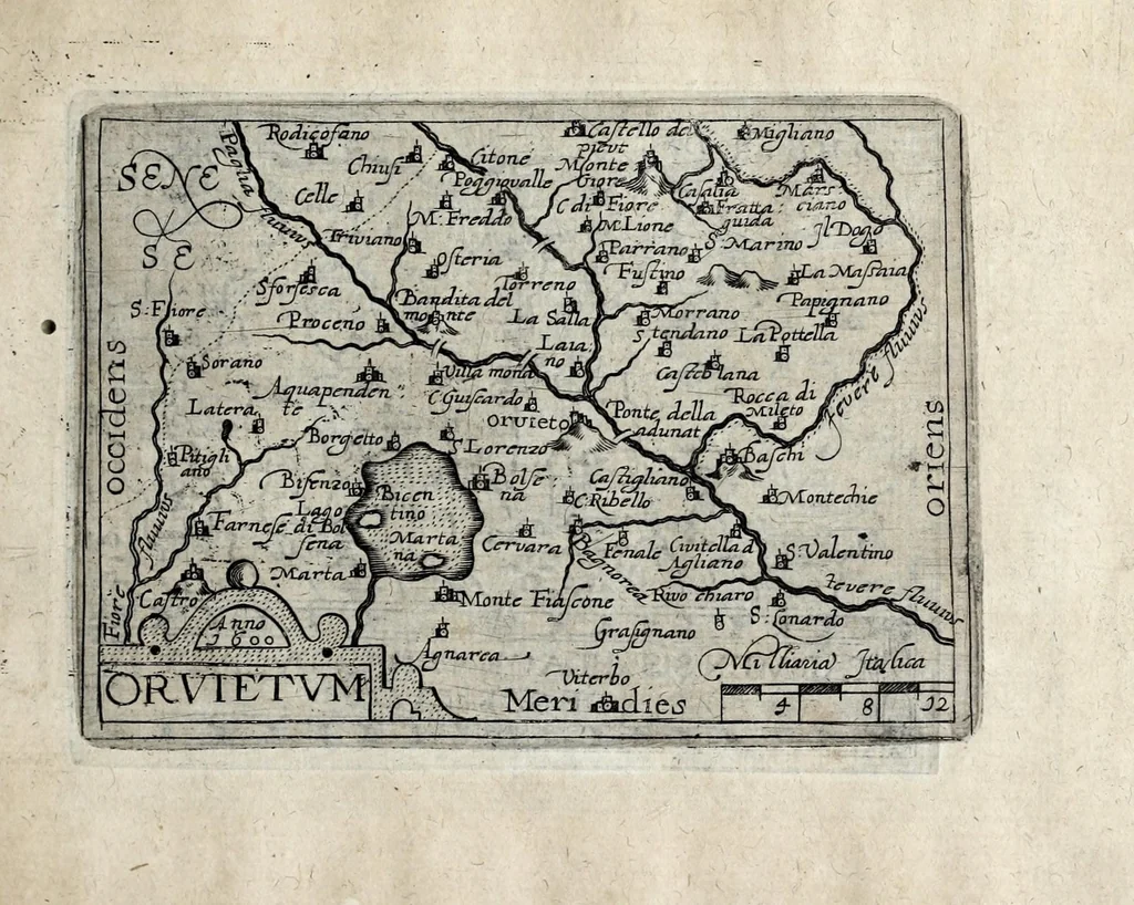 An illustration from Deliciae Italiae et index viatorius : indicans itinera ab vrbe Roma ad omnes in Italia, aliquas quoque extra Italiam civitates et oppida : quorum indicantur deliciae, sive quid in eorum singulis delicati, rari visuque digni sit : nempe templa ob structuram magnifica, delubra ob artem spectanda, palatia aedificiaque ob amplitudinem praeclara, picturae excellentium artificium, statuae eleganter sculptae, quicquid praeterea vbique in Italia, vel antiquitate rarum vel arte praeclarum est ... : huic libello visum fuit addere tabellas geographicas Italiae aliquarumque circa ipsam insularum ..., 1603, leaf 197