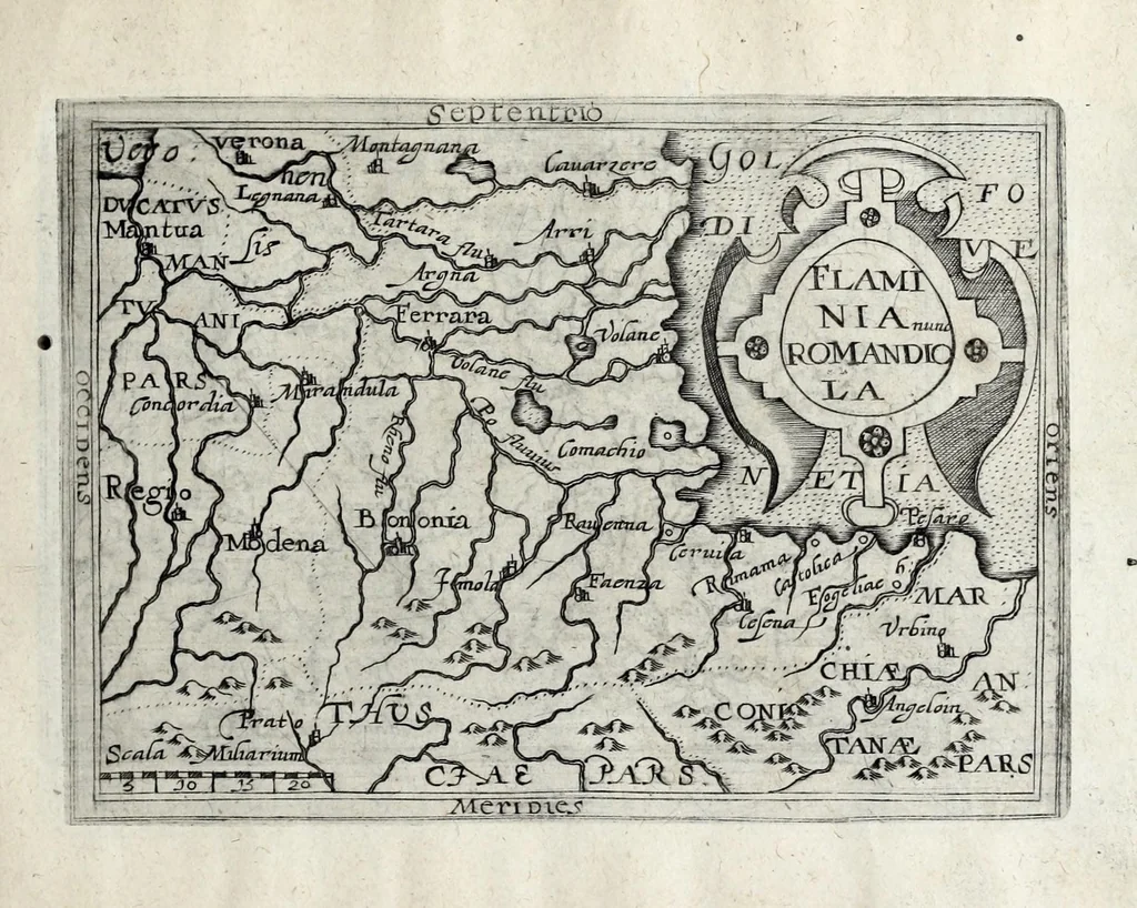An illustration from Deliciae Italiae et index viatorius : indicans itinera ab vrbe Roma ad omnes in Italia, aliquas quoque extra Italiam civitates et oppida : quorum indicantur deliciae, sive quid in eorum singulis delicati, rari visuque digni sit : nempe templa ob structuram magnifica, delubra ob artem spectanda, palatia aedificiaque ob amplitudinem praeclara, picturae excellentium artificium, statuae eleganter sculptae, quicquid praeterea vbique in Italia, vel antiquitate rarum vel arte praeclarum est ... : huic libello visum fuit addere tabellas geographicas Italiae aliquarumque circa ipsam insularum ..., 1603, leaf 199