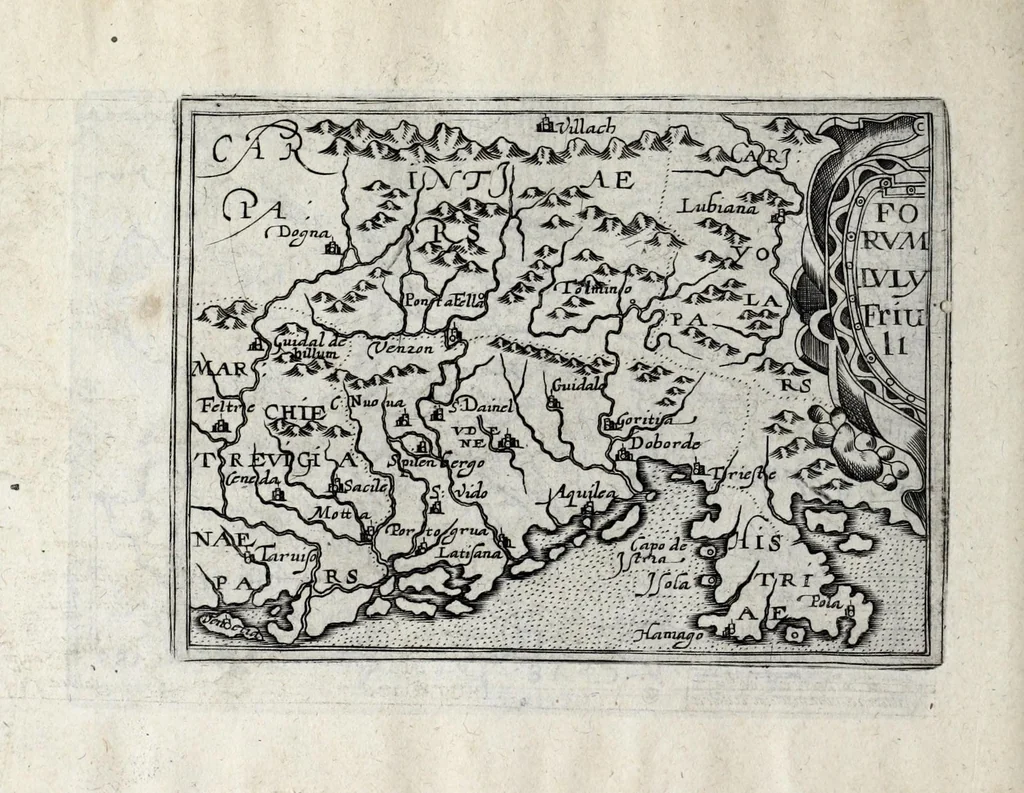 An illustration from Deliciae Italiae et index viatorius : indicans itinera ab vrbe Roma ad omnes in Italia, aliquas quoque extra Italiam civitates et oppida : quorum indicantur deliciae, sive quid in eorum singulis delicati, rari visuque digni sit : nempe templa ob structuram magnifica, delubra ob artem spectanda, palatia aedificiaque ob amplitudinem praeclara, picturae excellentium artificium, statuae eleganter sculptae, quicquid praeterea vbique in Italia, vel antiquitate rarum vel arte praeclarum est ... : huic libello visum fuit addere tabellas geographicas Italiae aliquarumque circa ipsam insularum ..., 1603, leaf 200