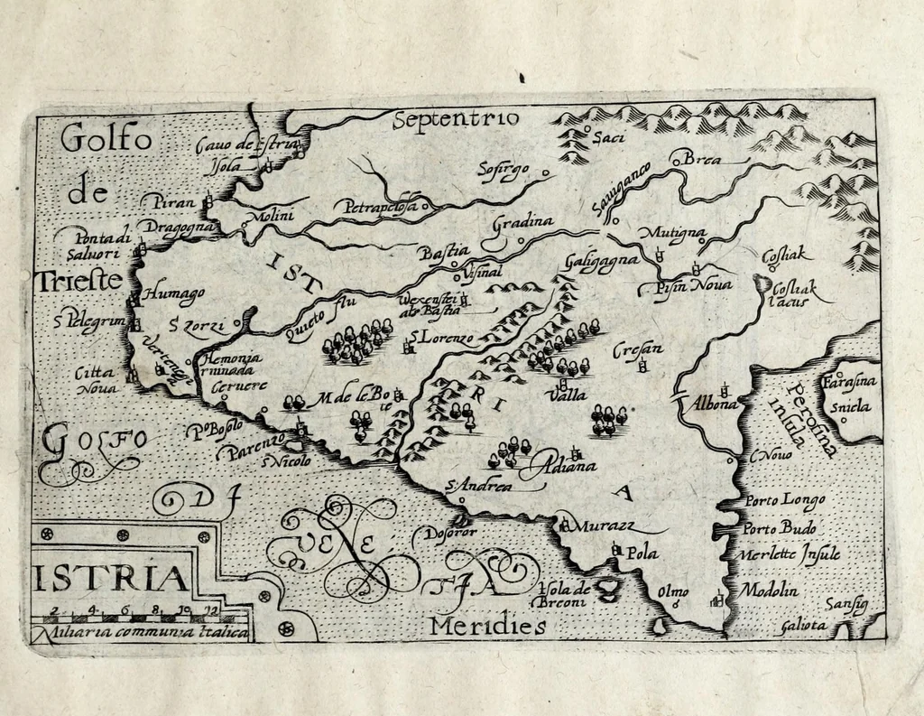 An illustration from Deliciae Italiae et index viatorius : indicans itinera ab vrbe Roma ad omnes in Italia, aliquas quoque extra Italiam civitates et oppida : quorum indicantur deliciae, sive quid in eorum singulis delicati, rari visuque digni sit : nempe templa ob structuram magnifica, delubra ob artem spectanda, palatia aedificiaque ob amplitudinem praeclara, picturae excellentium artificium, statuae eleganter sculptae, quicquid praeterea vbique in Italia, vel antiquitate rarum vel arte praeclarum est ... : huic libello visum fuit addere tabellas geographicas Italiae aliquarumque circa ipsam insularum ..., 1603, leaf 201