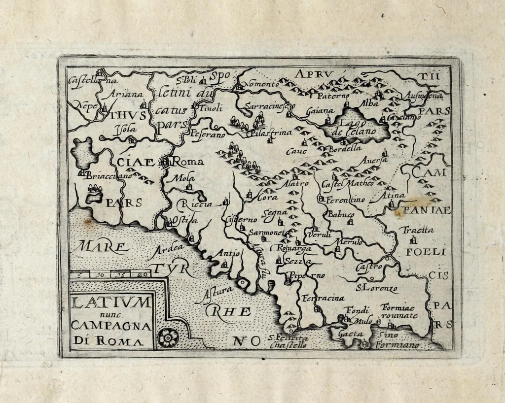 An illustration from Deliciae Italiae et index viatorius : indicans itinera ab vrbe Roma ad omnes in Italia, aliquas quoque extra Italiam civitates et oppida : quorum indicantur deliciae, sive quid in eorum singulis delicati, rari visuque digni sit : nempe templa ob structuram magnifica, delubra ob artem spectanda, palatia aedificiaque ob amplitudinem praeclara, picturae excellentium artificium, statuae eleganter sculptae, quicquid praeterea vbique in Italia, vel antiquitate rarum vel arte praeclarum est ... : huic libello visum fuit addere tabellas geographicas Italiae aliquarumque circa ipsam insularum ..., 1603, leaf 202