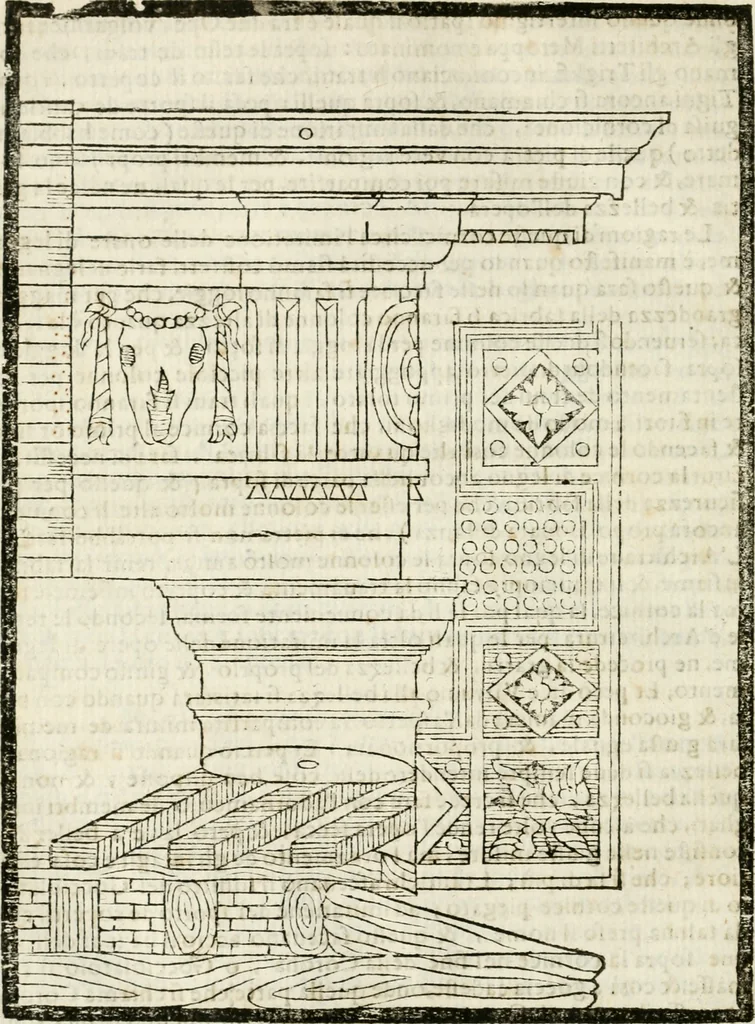 An illustration from Della architettura di Gioseffe Viola Zanini padouano pittore & architetto libri due, ne'quali con nuoua simmetria & facoltà si mostrano le giuste regole de i cinque ordini di detta architettura, & osseruationi de'più eccellenti architetti, che in quella habbiano dato ammaestramenti... Aggiuntoui di nuouo il modo di leuar il fumo alli camini, si fatti, come da farsi da Andrea Minorelli.., 1677, leaf 251
