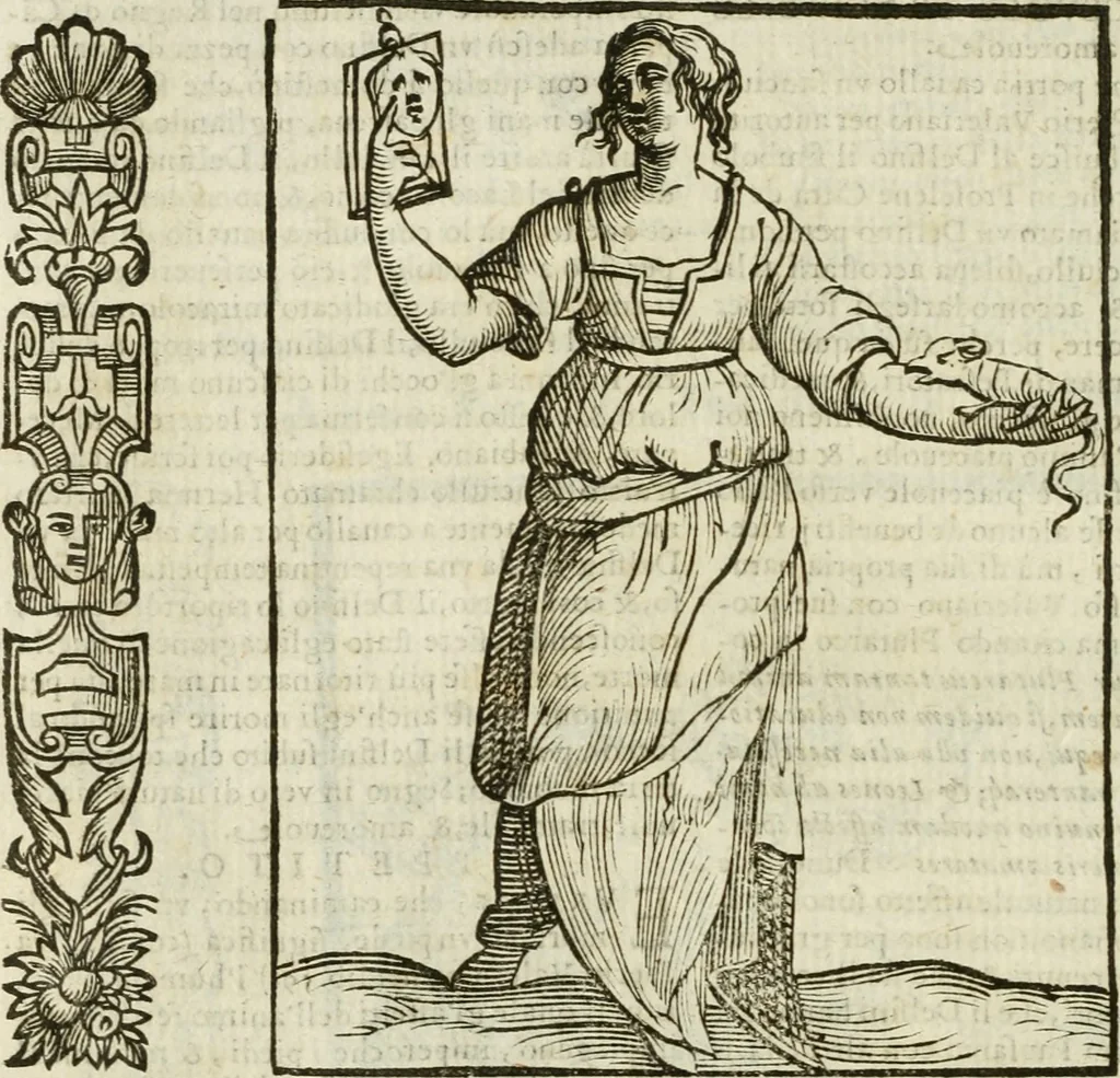 An illustration from Della nouissima Iconologia di Cesare Ripa Perugino Caualier de SS. Mauritio & Lazzaro : parte prima [-terza] : nella quale si descriuono diuerse imagini di virtu, vitij, affetti, passioni humane, arti, discipline, humori, elementi, corpi celesti, prouincie d'Italia, fiumi tutte parte del mondo, & altre infinite materie : opera utile ad oratori, predicatori, poeti, pittori, scultori, disegnatori, & ad'ogni studioso : per inuentar concetti, emblemi, ed'imprese, per diuisare qual si voglia apparato nutiale, funerale, trionsale : per rappresentar poemi drammatici, e per figurare co' suoi proprij simboli ciò che può cadere in pensiero humano : ampliata in quest' ultima editione non solo dallostesso auttore di trecento e cinquantadue imagini con molti discorsi pieni di varia eruditione & con molti indici copiosi, 1625, leaf 105