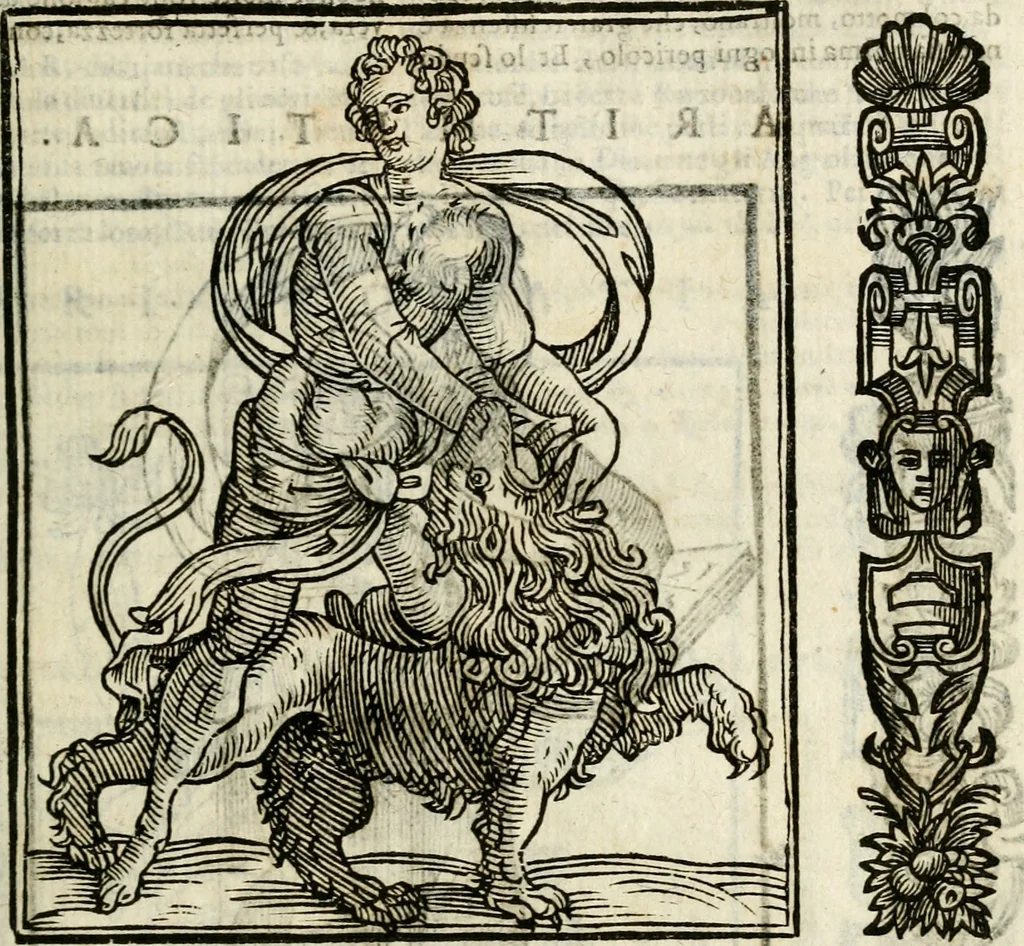 An illustration from Della nouissima Iconologia di Cesare Ripa Perugino Caualier de SS. Mauritio & Lazzaro : parte prima [-terza] : nella quale si descriuono diuerse imagini di virtu, vitij, affetti, passioni humane, arti, discipline, humori, elementi, corpi celesti, prouincie d'Italia, fiumi tutte parte del mondo, & altre infinite materie : opera utile ad oratori, predicatori, poeti, pittori, scultori, disegnatori, & ad'ogni studioso : per inuentar concetti, emblemi, ed'imprese, per diuisare qual si voglia apparato nutiale, funerale, trionsale : per rappresentar poemi drammatici, e per figurare co' suoi proprij simboli ciò che può cadere in pensiero humano : ampliata in quest' ultima editione non solo dallostesso auttore di trecento e cinquantadue imagini con molti discorsi pieni di varia eruditione & con molti indici copiosi, 1625, leaf 108