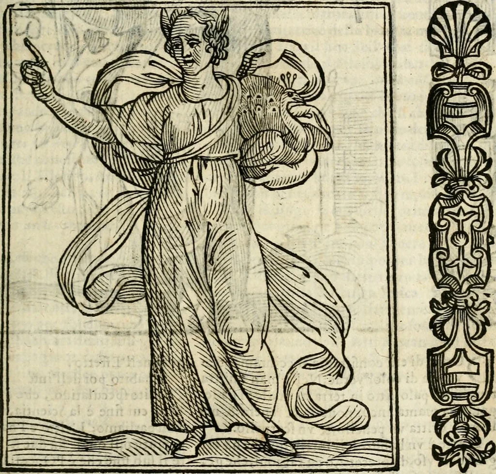 An illustration from Della nouissima Iconologia di Cesare Ripa Perugino Caualier de SS. Mauritio & Lazzaro : parte prima [-terza] : nella quale si descriuono diuerse imagini di virtu, vitij, affetti, passioni humane, arti, discipline, humori, elementi, corpi celesti, prouincie d'Italia, fiumi tutte parte del mondo, & altre infinite materie : opera utile ad oratori, predicatori, poeti, pittori, scultori, disegnatori, & ad'ogni studioso : per inuentar concetti, emblemi, ed'imprese, per diuisare qual si voglia apparato nutiale, funerale, trionsale : per rappresentar poemi drammatici, e per figurare co' suoi proprij simboli ciò che può cadere in pensiero humano : ampliata in quest' ultima editione non solo dallostesso auttore di trecento e cinquantadue imagini con molti discorsi pieni di varia eruditione & con molti indici copiosi, 1625, leaf 112
