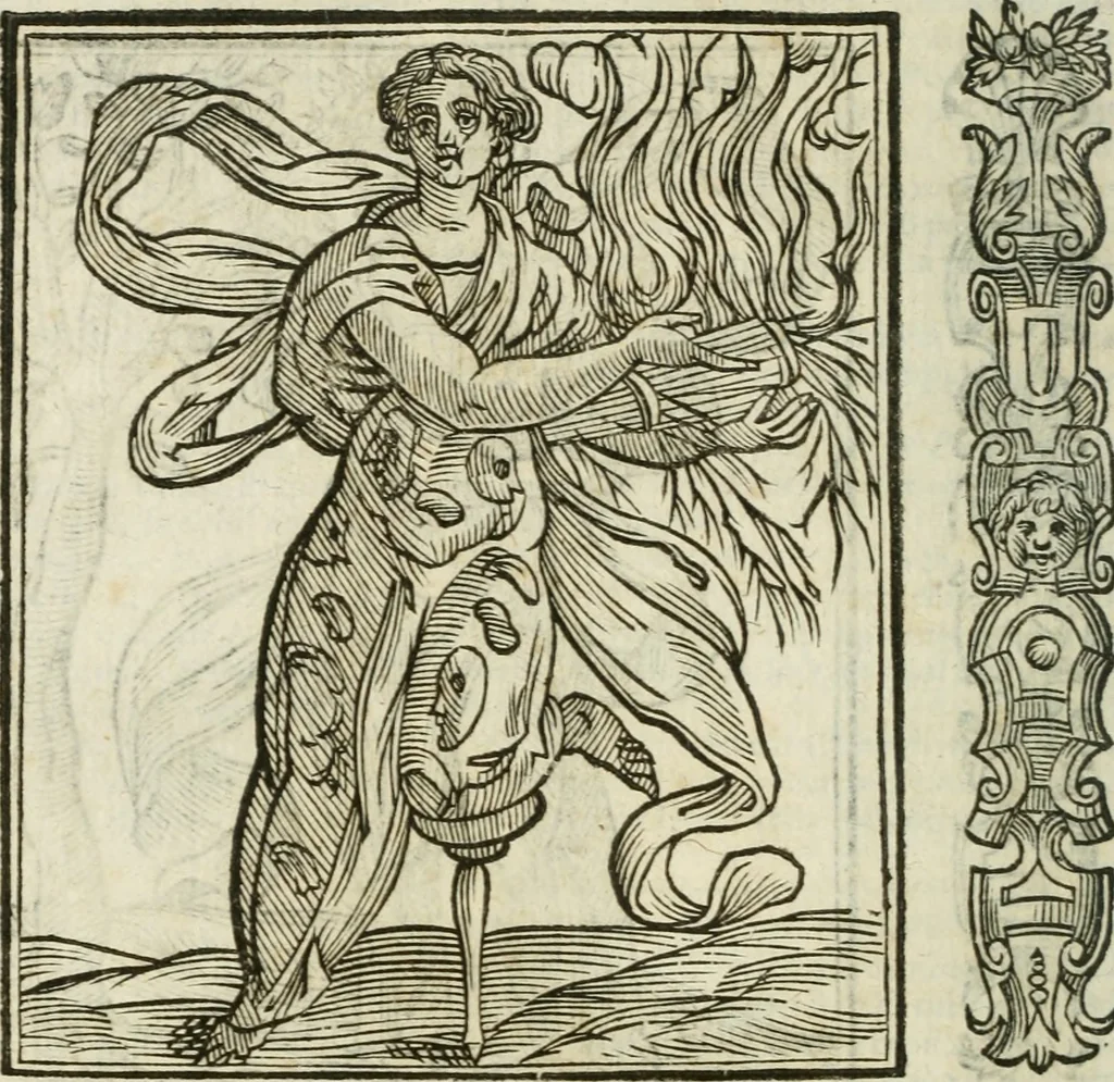 An illustration from Della nouissima Iconologia di Cesare Ripa Perugino Caualier de SS. Mauritio & Lazzaro : parte prima [-terza] : nella quale si descriuono diuerse imagini di virtu, vitij, affetti, passioni humane, arti, discipline, humori, elementi, corpi celesti, prouincie d'Italia, fiumi tutte parte del mondo, & altre infinite materie : opera utile ad oratori, predicatori, poeti, pittori, scultori, disegnatori, & ad'ogni studioso : per inuentar concetti, emblemi, ed'imprese, per diuisare qual si voglia apparato nutiale, funerale, trionsale : per rappresentar poemi drammatici, e per figurare co' suoi proprij simboli ciò che può cadere in pensiero humano : ampliata in quest' ultima editione non solo dallostesso auttore di trecento e cinquantadue imagini con molti discorsi pieni di varia eruditione & con molti indici copiosi, 1625, leaf 145