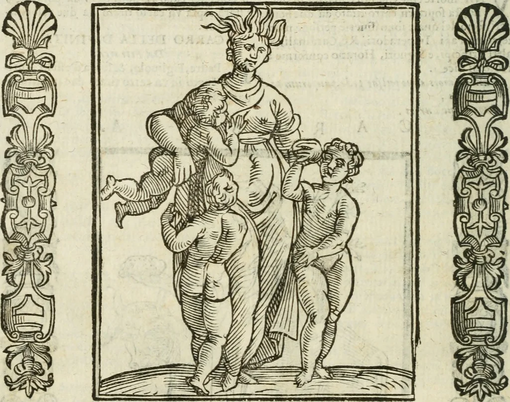 An illustration from Della nouissima Iconologia di Cesare Ripa Perugino Caualier de SS. Mauritio & Lazzaro : parte prima [-terza] : nella quale si descriuono diuerse imagini di virtu, vitij, affetti, passioni humane, arti, discipline, humori, elementi, corpi celesti, prouincie d'Italia, fiumi tutte parte del mondo, & altre infinite materie : opera utile ad oratori, predicatori, poeti, pittori, scultori, disegnatori, & ad'ogni studioso : per inuentar concetti, emblemi, ed'imprese, per diuisare qual si voglia apparato nutiale, funerale, trionsale : per rappresentar poemi drammatici, e per figurare co' suoi proprij simboli ciò che può cadere in pensiero humano : ampliata in quest' ultima editione non solo dallostesso auttore di trecento e cinquantadue imagini con molti discorsi pieni di varia eruditione & con molti indici copiosi, 1625, leaf 157