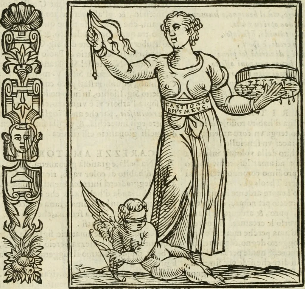 An illustration from Della nouissima Iconologia di Cesare Ripa Perugino Caualier de SS. Mauritio & Lazzaro : parte prima [-terza] : nella quale si descriuono diuerse imagini di virtu, vitij, affetti, passioni humane, arti, discipline, humori, elementi, corpi celesti, prouincie d'Italia, fiumi tutte parte del mondo, & altre infinite materie : opera utile ad oratori, predicatori, poeti, pittori, scultori, disegnatori, & ad'ogni studioso : per inuentar concetti, emblemi, ed'imprese, per diuisare qual si voglia apparato nutiale, funerale, trionsale : per rappresentar poemi drammatici, e per figurare co' suoi proprij simboli ciò che può cadere in pensiero humano : ampliata in quest' ultima editione non solo dallostesso auttore di trecento e cinquantadue imagini con molti discorsi pieni di varia eruditione & con molti indici copiosi, 1625, leaf 159