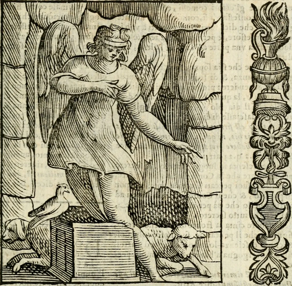An illustration from Della nouissima Iconologia di Cesare Ripa Perugino Caualier de SS. Mauritio & Lazzaro : parte prima [-terza] : nella quale si descriuono diuerse imagini di virtu, vitij, affetti, passioni humane, arti, discipline, humori, elementi, corpi celesti, prouincie d'Italia, fiumi tutte parte del mondo, & altre infinite materie : opera utile ad oratori, predicatori, poeti, pittori, scultori, disegnatori, & ad'ogni studioso : per inuentar concetti, emblemi, ed'imprese, per diuisare qual si voglia apparato nutiale, funerale, trionsale : per rappresentar poemi drammatici, e per figurare co' suoi proprij simboli ciò che può cadere in pensiero humano : ampliata in quest' ultima editione non solo dallostesso auttore di trecento e cinquantadue imagini con molti discorsi pieni di varia eruditione & con molti indici copiosi, 1625, leaf 180