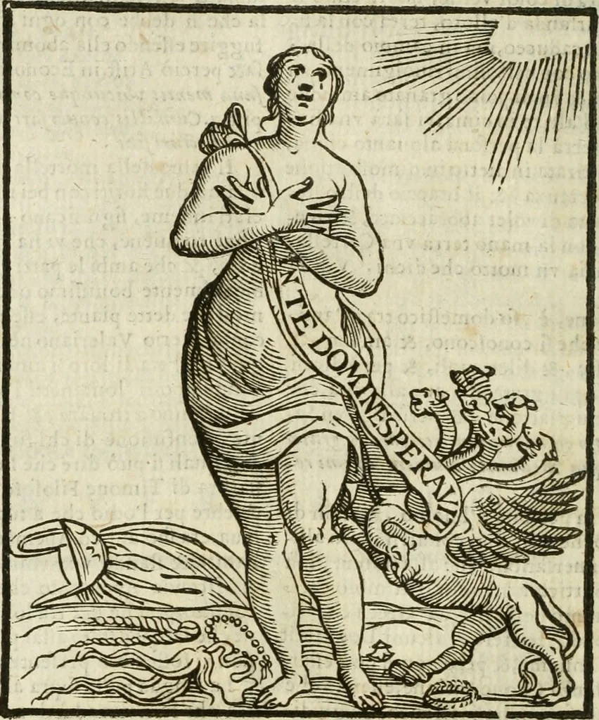 An illustration from Della nouissima Iconologia di Cesare Ripa Perugino Caualier de SS. Mauritio & Lazzaro : parte prima [-terza] : nella quale si descriuono diuerse imagini di virtu, vitij, affetti, passioni humane, arti, discipline, humori, elementi, corpi celesti, prouincie d'Italia, fiumi tutte parte del mondo, & altre infinite materie : opera utile ad oratori, predicatori, poeti, pittori, scultori, disegnatori, & ad'ogni studioso : per inuentar concetti, emblemi, ed'imprese, per diuisare qual si voglia apparato nutiale, funerale, trionsale : per rappresentar poemi drammatici, e per figurare co' suoi proprij simboli ciò che può cadere in pensiero humano : ampliata in quest' ultima editione non solo dallostesso auttore di trecento e cinquantadue imagini con molti discorsi pieni di varia eruditione & con molti indici copiosi, 1625, leaf 197