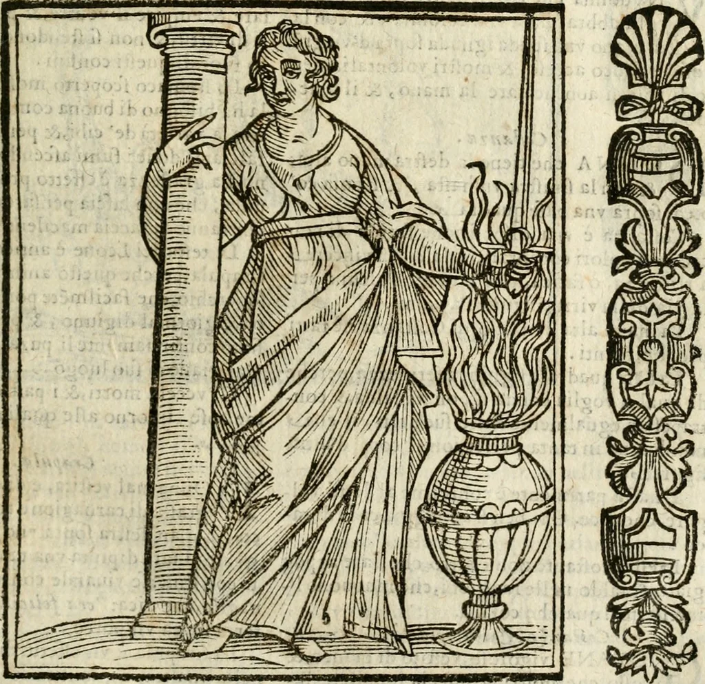 An illustration from Della nouissima Iconologia di Cesare Ripa Perugino Caualier de SS. Mauritio & Lazzaro : parte prima [-terza] : nella quale si descriuono diuerse imagini di virtu, vitij, affetti, passioni humane, arti, discipline, humori, elementi, corpi celesti, prouincie d'Italia, fiumi tutte parte del mondo, & altre infinite materie : opera utile ad oratori, predicatori, poeti, pittori, scultori, disegnatori, & ad'ogni studioso : per inuentar concetti, emblemi, ed'imprese, per diuisare qual si voglia apparato nutiale, funerale, trionsale : per rappresentar poemi drammatici, e per figurare co' suoi proprij simboli ciò che può cadere in pensiero humano : ampliata in quest' ultima editione non solo dallostesso auttore di trecento e cinquantadue imagini con molti discorsi pieni di varia eruditione & con molti indici copiosi, 1625, leaf 204