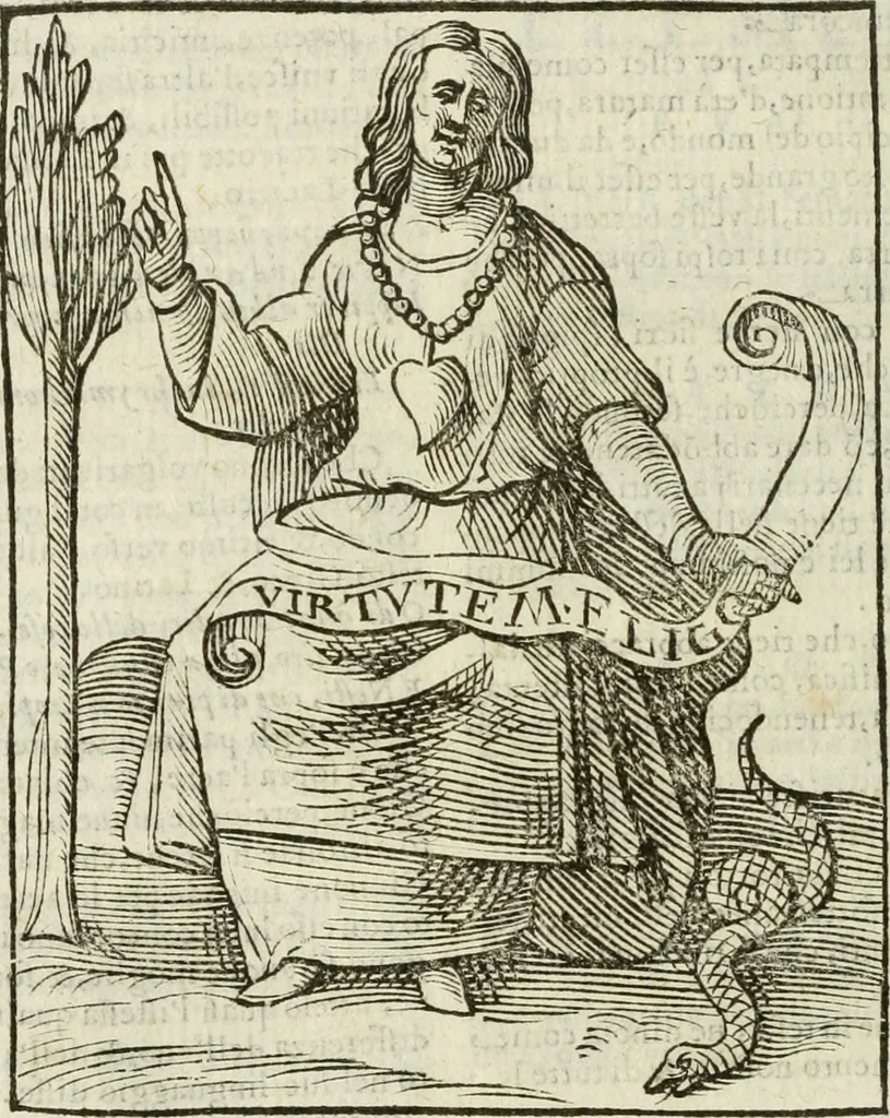 An illustration from Della nouissima Iconologia di Cesare Ripa Perugino Caualier de SS. Mauritio & Lazzaro : parte prima [-terza] : nella quale si descriuono diuerse imagini di virtu, vitij, affetti, passioni humane, arti, discipline, humori, elementi, corpi celesti, prouincie d'Italia, fiumi tutte parte del mondo, & altre infinite materie : opera utile ad oratori, predicatori, poeti, pittori, scultori, disegnatori, & ad'ogni studioso : per inuentar concetti, emblemi, ed'imprese, per diuisare qual si voglia apparato nutiale, funerale, trionsale : per rappresentar poemi drammatici, e per figurare co' suoi proprij simboli ciò che può cadere in pensiero humano : ampliata in quest' ultima editione non solo dallostesso auttore di trecento e cinquantadue imagini con molti discorsi pieni di varia eruditione & con molti indici copiosi, 1625, leaf 261