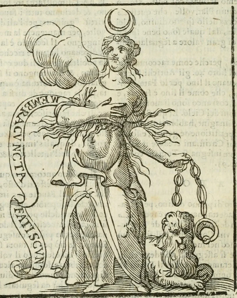 An illustration from Della nouissima Iconologia di Cesare Ripa Perugino Caualier de SS. Mauritio & Lazzaro : parte prima [-terza] : nella quale si descriuono diuerse imagini di virtu, vitij, affetti, passioni humane, arti, discipline, humori, elementi, corpi celesti, prouincie d'Italia, fiumi tutte parte del mondo, & altre infinite materie : opera utile ad oratori, predicatori, poeti, pittori, scultori, disegnatori, & ad'ogni studioso : per inuentar concetti, emblemi, ed'imprese, per diuisare qual si voglia apparato nutiale, funerale, trionsale : per rappresentar poemi drammatici, e per figurare co' suoi proprij simboli ciò che può cadere in pensiero humano : ampliata in quest' ultima editione non solo dallostesso auttore di trecento e cinquantadue imagini con molti discorsi pieni di varia eruditione & con molti indici copiosi, 1625, leaf 285