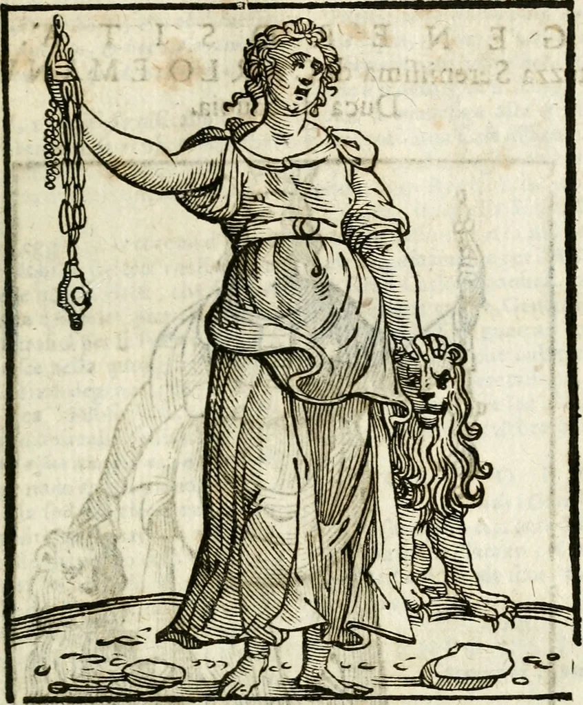 An illustration from Della nouissima Iconologia di Cesare Ripa Perugino Caualier de SS. Mauritio & Lazzaro : parte prima [-terza] : nella quale si descriuono diuerse imagini di virtu, vitij, affetti, passioni humane, arti, discipline, humori, elementi, corpi celesti, prouincie d'Italia, fiumi tutte parte del mondo, & altre infinite materie : opera utile ad oratori, predicatori, poeti, pittori, scultori, disegnatori, & ad'ogni studioso : per inuentar concetti, emblemi, ed'imprese, per diuisare qual si voglia apparato nutiale, funerale, trionsale : per rappresentar poemi drammatici, e per figurare co' suoi proprij simboli ciò che può cadere in pensiero humano : ampliata in quest' ultima editione non solo dallostesso auttore di trecento e cinquantadue imagini con molti discorsi pieni di varia eruditione & con molti indici copiosi, 1625, leaf 336