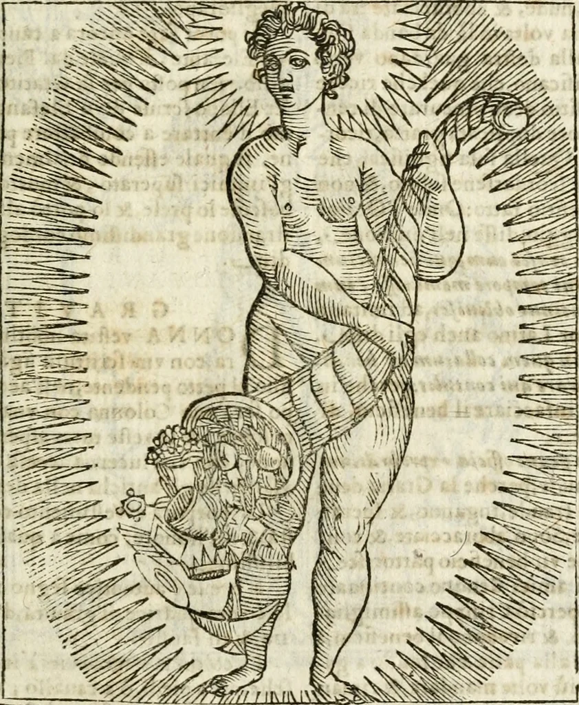 An illustration from Della nouissima Iconologia di Cesare Ripa Perugino Caualier de SS. Mauritio & Lazzaro : parte prima [-terza] : nella quale si descriuono diuerse imagini di virtu, vitij, affetti, passioni humane, arti, discipline, humori, elementi, corpi celesti, prouincie d'Italia, fiumi tutte parte del mondo, & altre infinite materie : opera utile ad oratori, predicatori, poeti, pittori, scultori, disegnatori, & ad'ogni studioso : per inuentar concetti, emblemi, ed'imprese, per diuisare qual si voglia apparato nutiale, funerale, trionsale : per rappresentar poemi drammatici, e per figurare co' suoi proprij simboli ciò che può cadere in pensiero humano : ampliata in quest' ultima editione non solo dallostesso auttore di trecento e cinquantadue imagini con molti discorsi pieni di varia eruditione & con molti indici copiosi, 1625, leaf 352